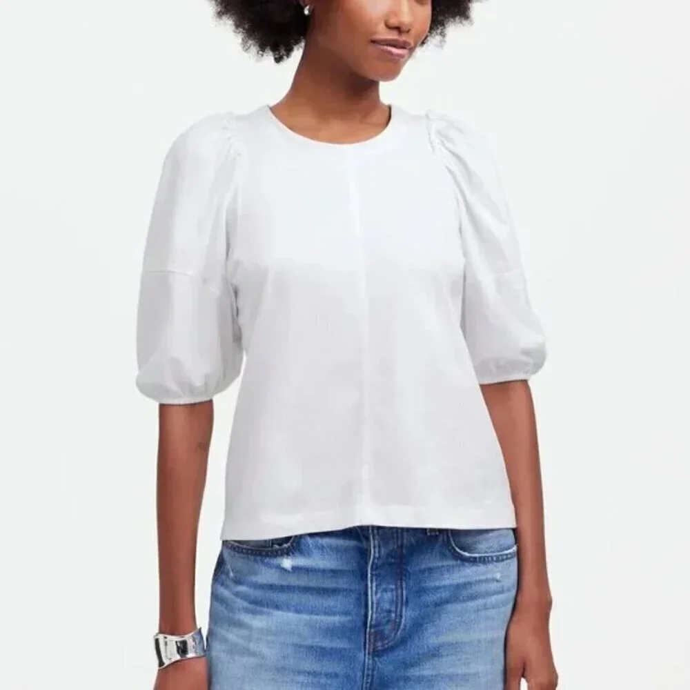 Madewell Puff-Sleeve Ruffle Trim Cotton Jersey Tee White Size XXS